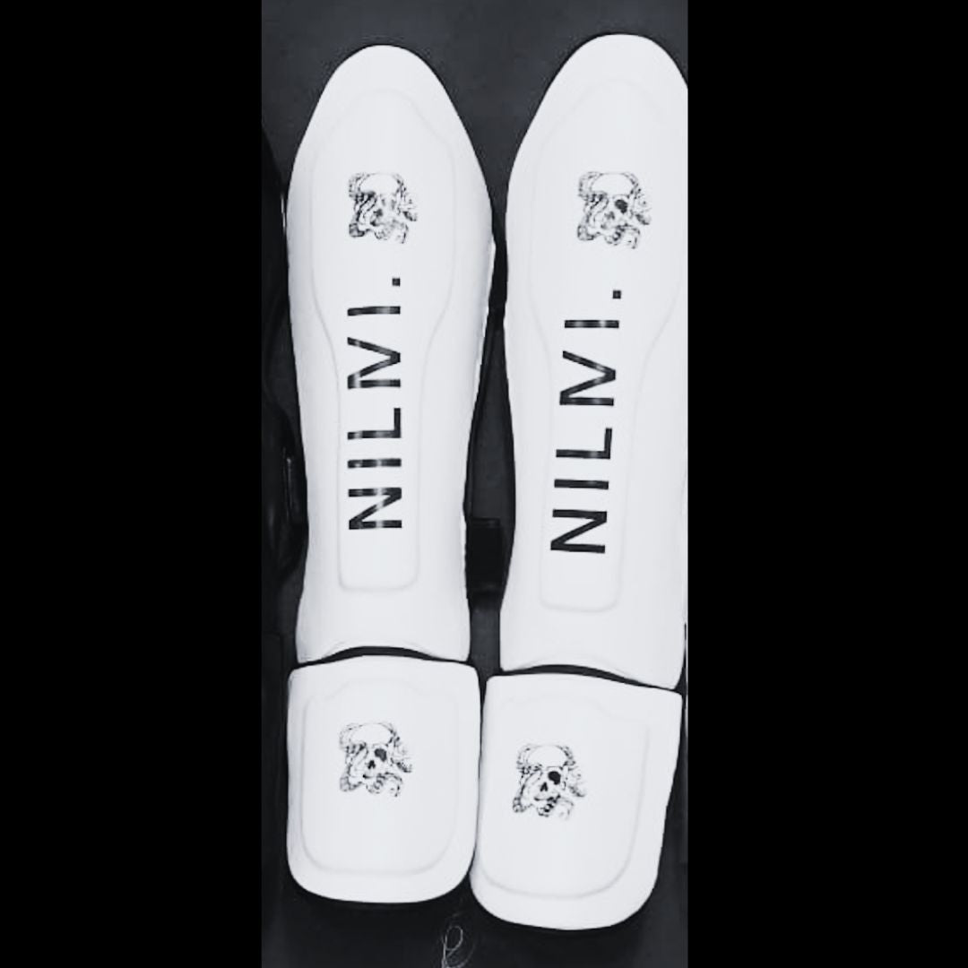 WHITE - NILMI "No Mercy" Shin Pads - 1 PAIR LEFT - SIZE LARGE